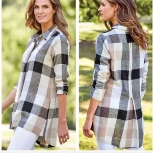 Soft Surroundings Carreaux Plaid Linen Blend Button Up Shirt Black Tan Medium